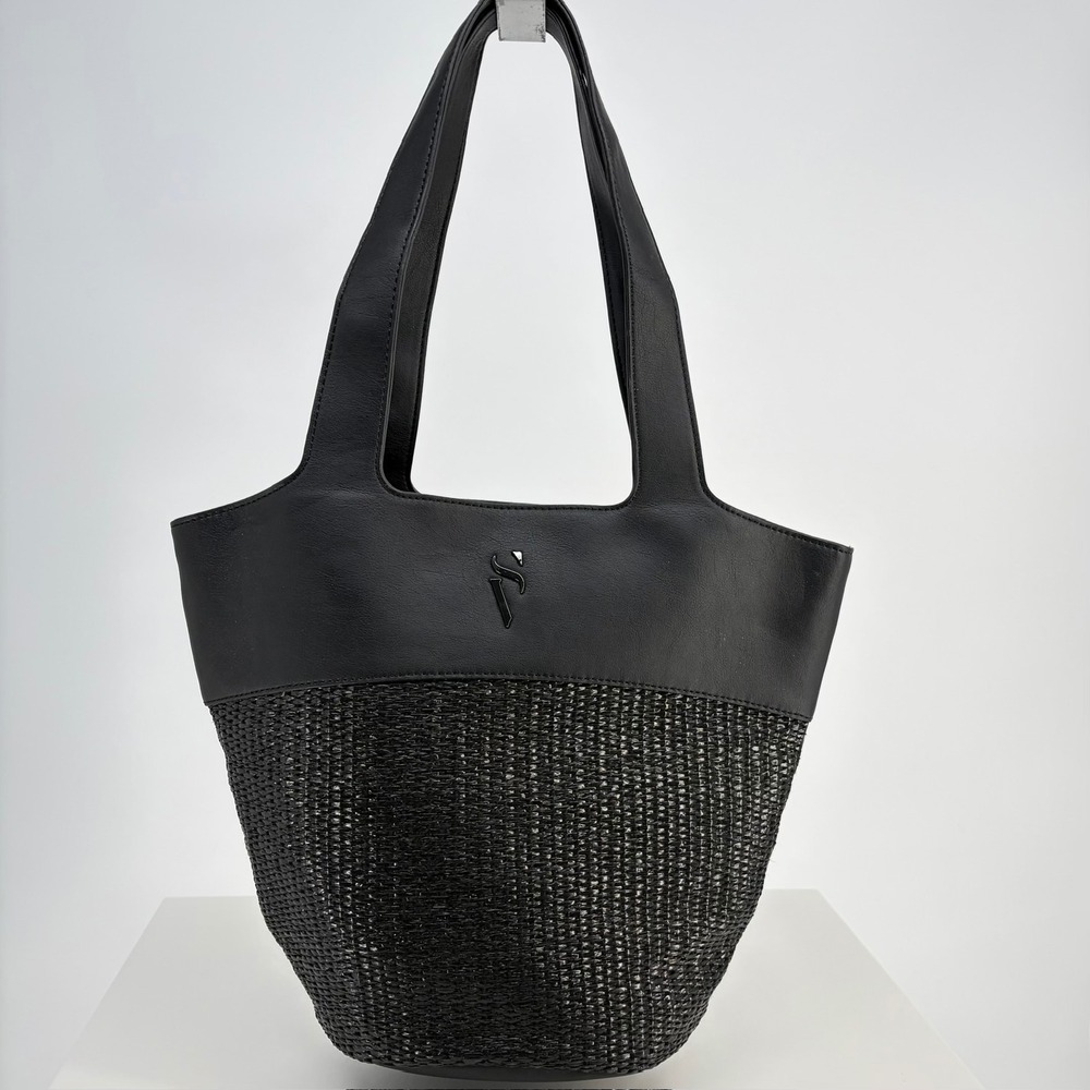Simply Vera Vera Wang Tote Bag Large Black Mixed Media Woven Faux Leather